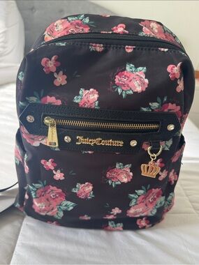 Juicy Couture Black Floral Mini Backpack with Gold Crown Charm